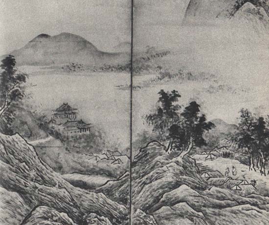 山水図屏風（左隻）：雪舟